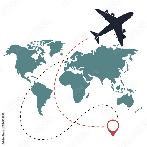 Dark blue airplane flies across teal world map with red and black dotted travel paths