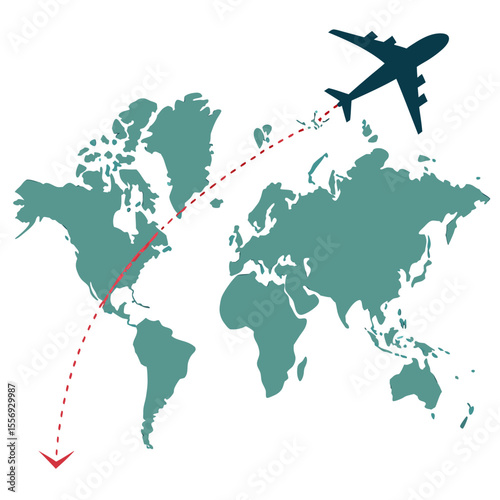 Dark blue airplane flies across teal world map with red dashed path travel flight path