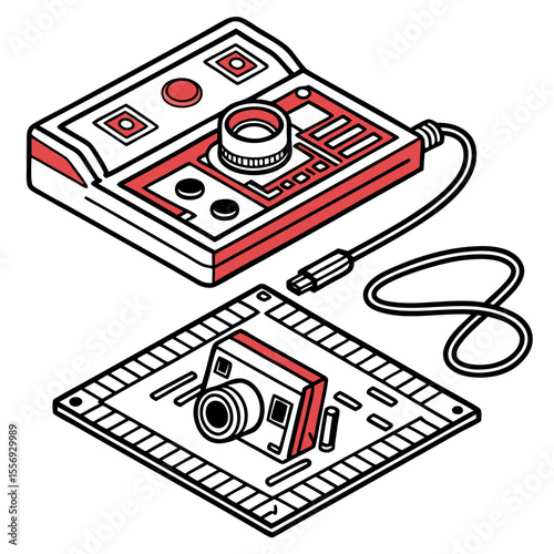Isometric electronic components with red accents circuit board