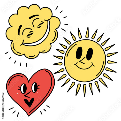 Cheerful sun cloud and heart characters happy smiling