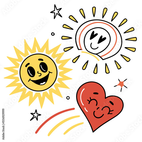 Cheerful suns and heart with happy faces smile