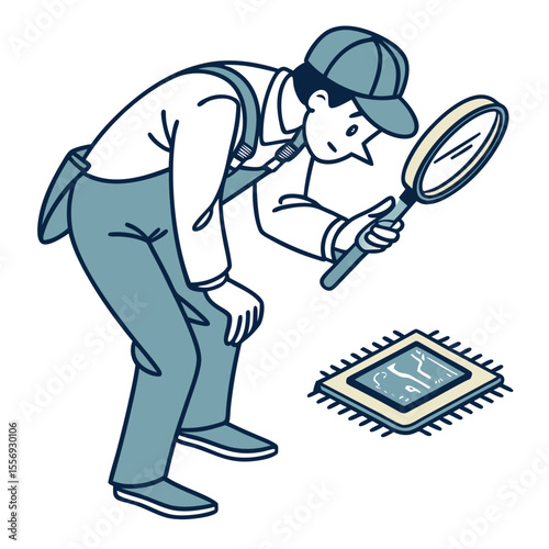 Technician examining microchip with magnifying glass inspecting computer chip