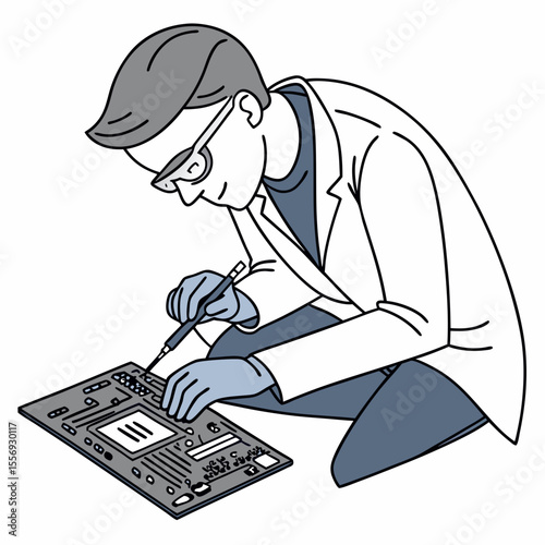 Technician wearing lab coat and glasses soldering circuit board electronics repair
