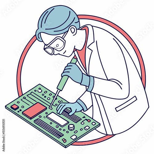 Technician working on circuit board with soldering tool electronics repair