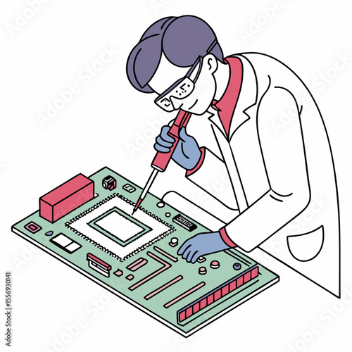 Scientist working on circuit board with pipette technician electronic components