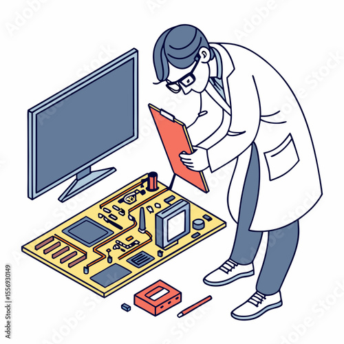 Technician examining electronic circuit board with computer monitor electronics