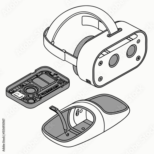Virtual reality headset components disassembled with internal details technology