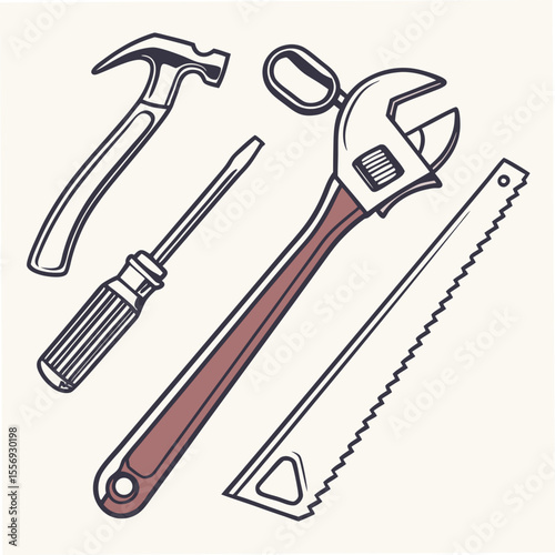 Hammer screwdriver adjustable wrench handsaw tools vector