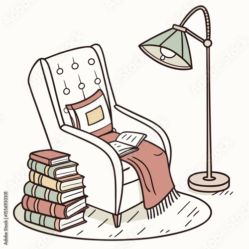 Cozy armchair with books and lamp reading