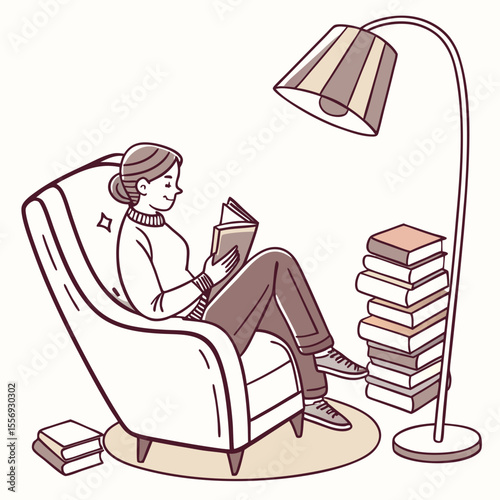 Woman reading book in cozy armchair with floor lamp and books vector