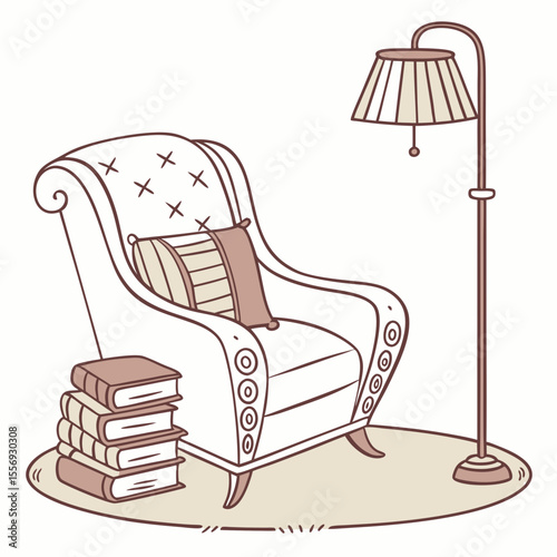 Cozy armchair with books and floor lamp reading