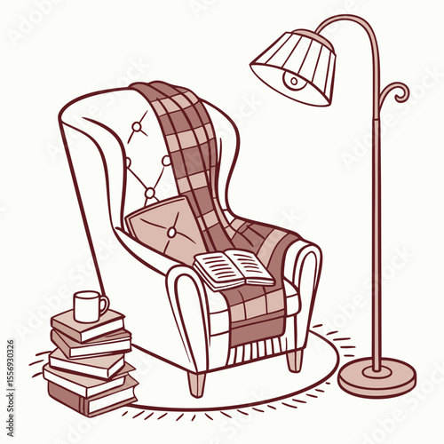 Cozy armchair with books and lamp reading blanket