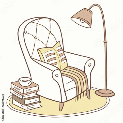 Cozy armchair with books and floor lamp pillow blanket