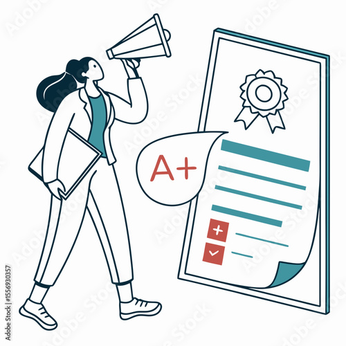 Woman with megaphone announcing excellent grade on certificate award