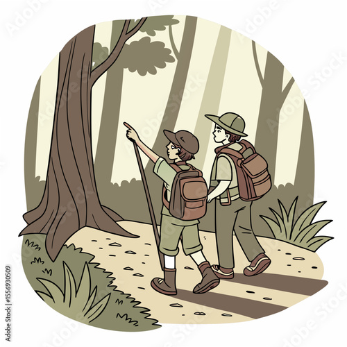 Two hikers exploring a forest path hiking trees