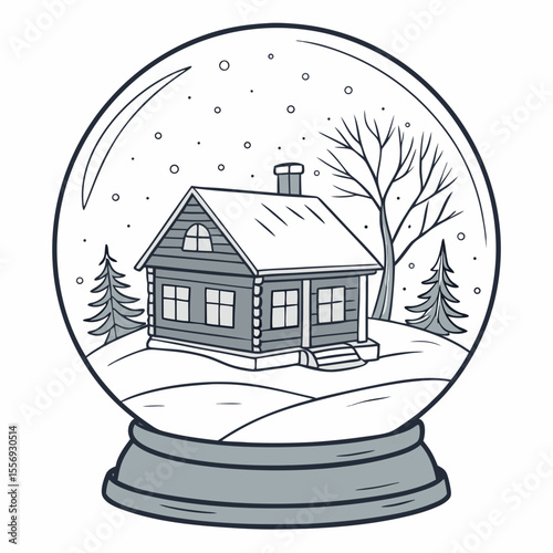Cozy cabin in snow globe winter scene trees