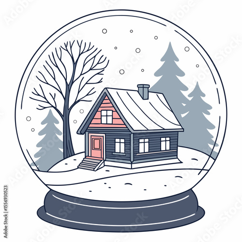 Cozy cabin in snow globe winter scene trees