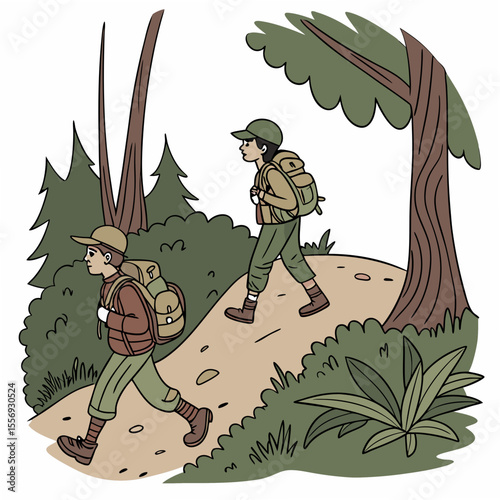 Two boys hiking through a forest trees backpacks