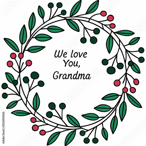 Green leaves and red berries wreath with loving message floral