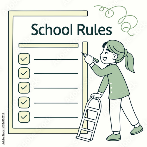 Girl writing on school rules checklist with green accents vector