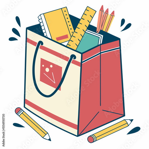 Shopping bag filled with colorful school supplies notebook ruler