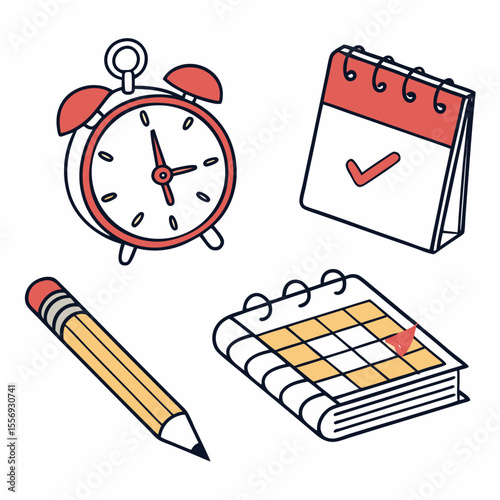 Alarm clock calendar pencil and checkmark time