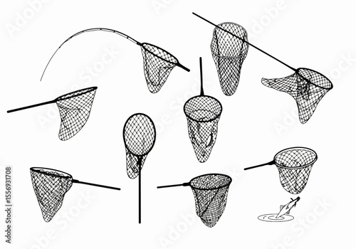 Hand-drawn illustrations of fishing landing nets in various positions, including a fish jumping near a net.
