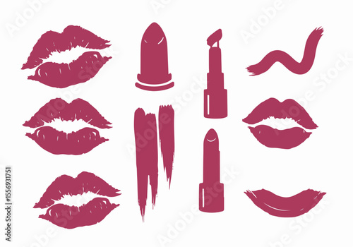 Set of lipstick related illustrations including lip prints, lipstick tubes, and swatches in pinkish-red against a white background.