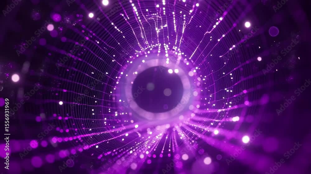Exploring the depths of a vibrant purple wireframe wave tunnel filled with glowing lights, Abstract purple wireframe wave tunnel background