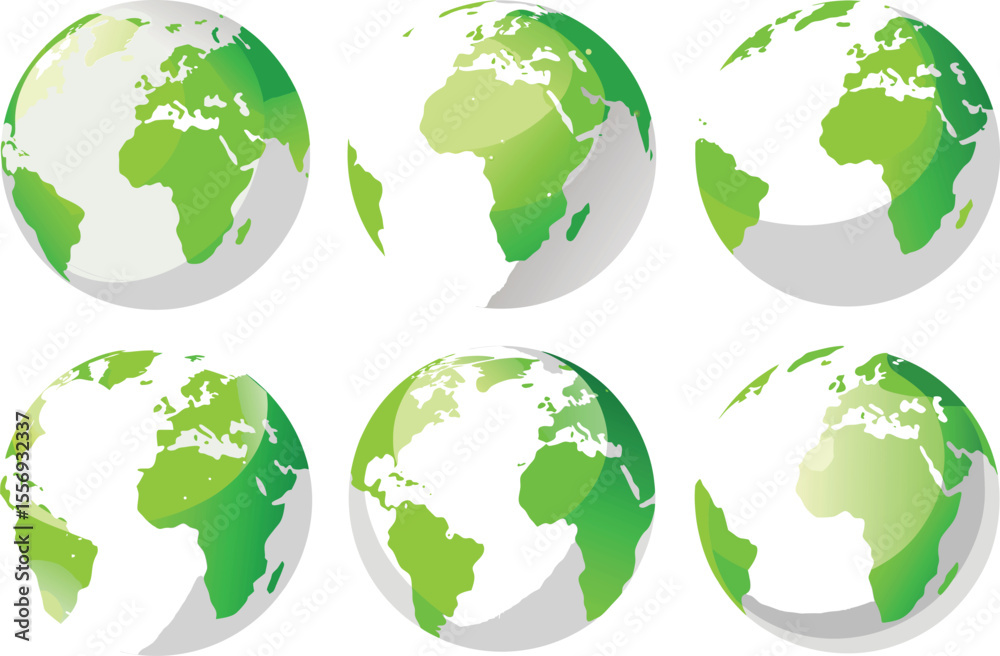 Six stylized green globes showing different continents on a white background
