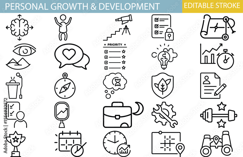Fototapeta premium Elevate Your Journey with Editable Personal Growth Vector Icons