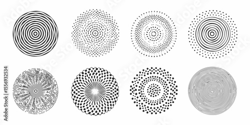 Collection of eight abstract circular patterns and designs in black and white