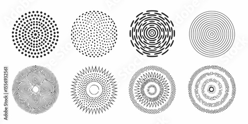 Collection of eight abstract circular graphic designs with black and white patterns
