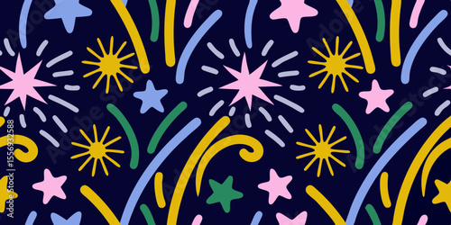 Vibrant abstract starbursts and confetti create a festive seamless pattern on dark blue