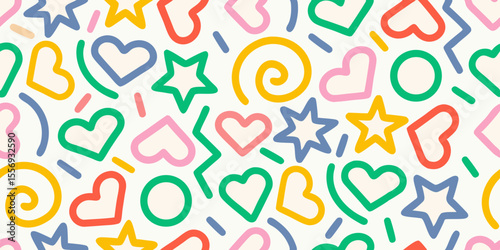 Playful seamless pattern of colorful hearts stars and swirls on white background