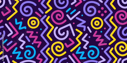 Retro 80s memphis style geometric pattern with swirls and zigzags