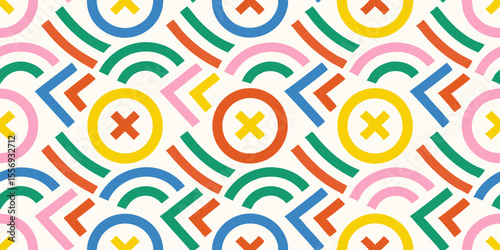 Playful geometric pattern with circles arrows and arcs in bright colors