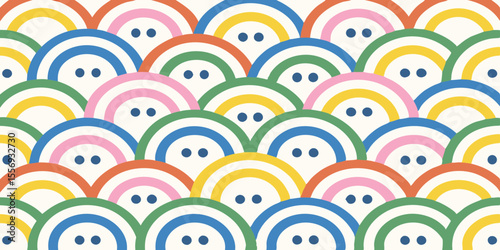 Colorful abstract pattern of overlapping semicircles with simple dot eyes