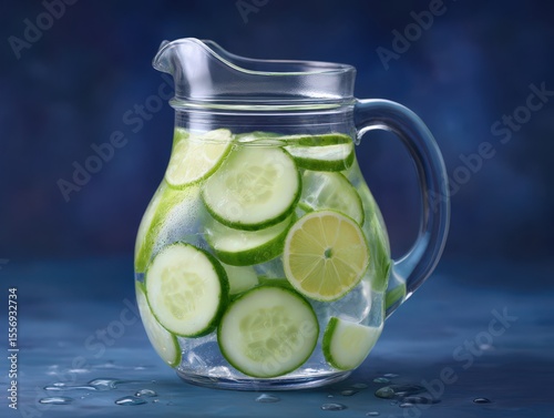 Refreshing cucumber and lime beverage in a glass pitcher surrounded by droplets on a vibrant blue backdrop showcasing unique hydration concepts and culinary aesthetics