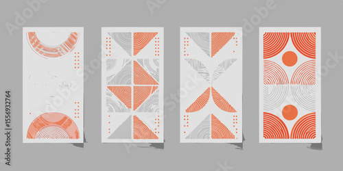 Set of four abstract geometric posters with orange and grey patterns