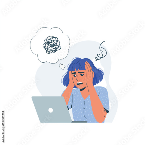 Frustrated woman with hands on head looking at a laptop with tangled thoughts