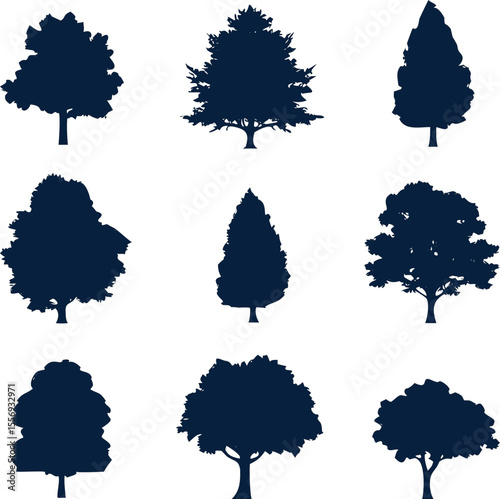 Minimal black tree silhouette vector icons. Variety of trees for environmental graphics, forest themes, or park and nature design projects.