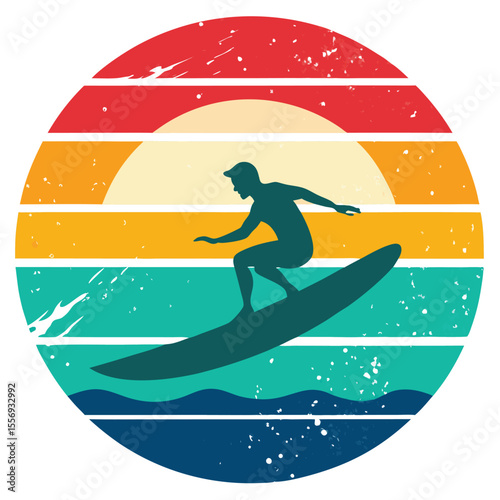 Cartoon vector silhouette of a boy surfer on ocean waves, illustrating extreme sport fun at the beach during summer