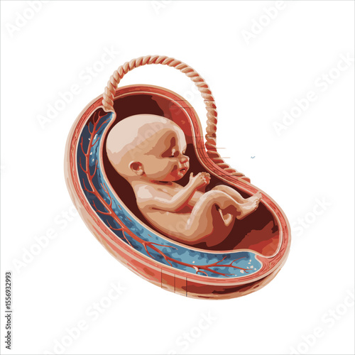 Anatomical illustration of a fetus developing inside the uterus connected by the umbilical cord