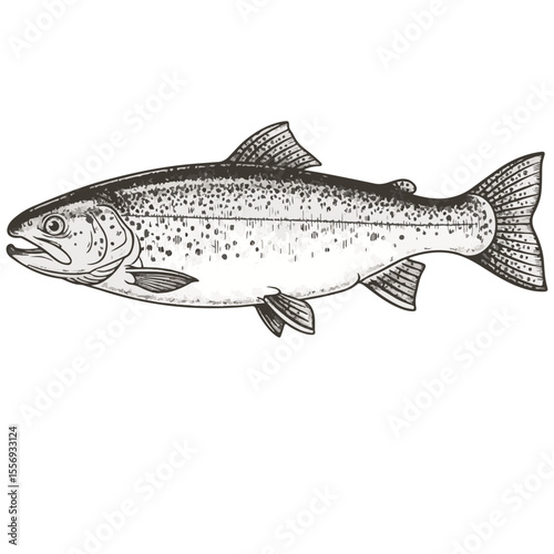 Detailed illustration of a trout fish in black and white style  