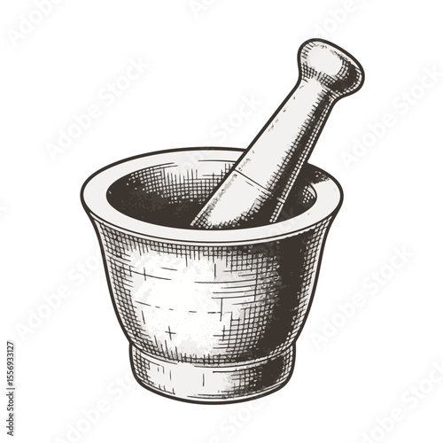 Mortar and pestle in vintage style for grinding ingredients  