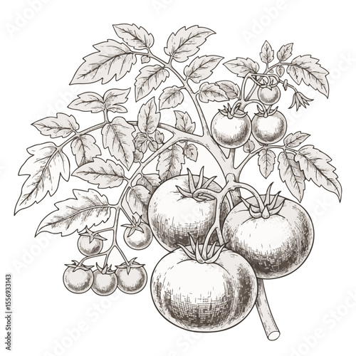 Sketch of tomato plant with ripe and unripe tomatoes on branch  