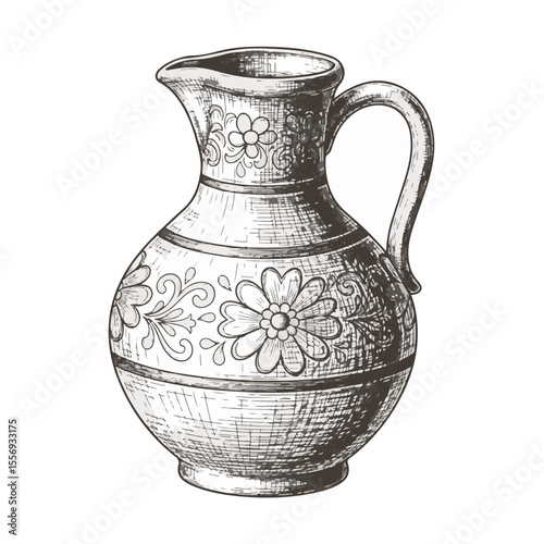 Vintage decorative pitcher with floral engravings and curved handle  