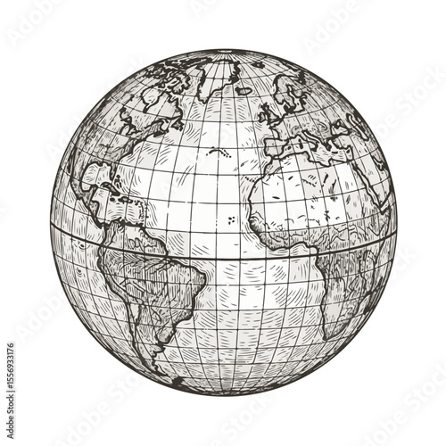 Vintage globe illustration in black and white sketch style  