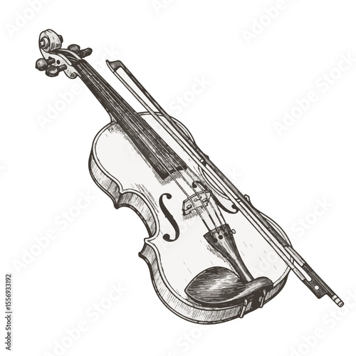 Vintage violin with bow on white background  
